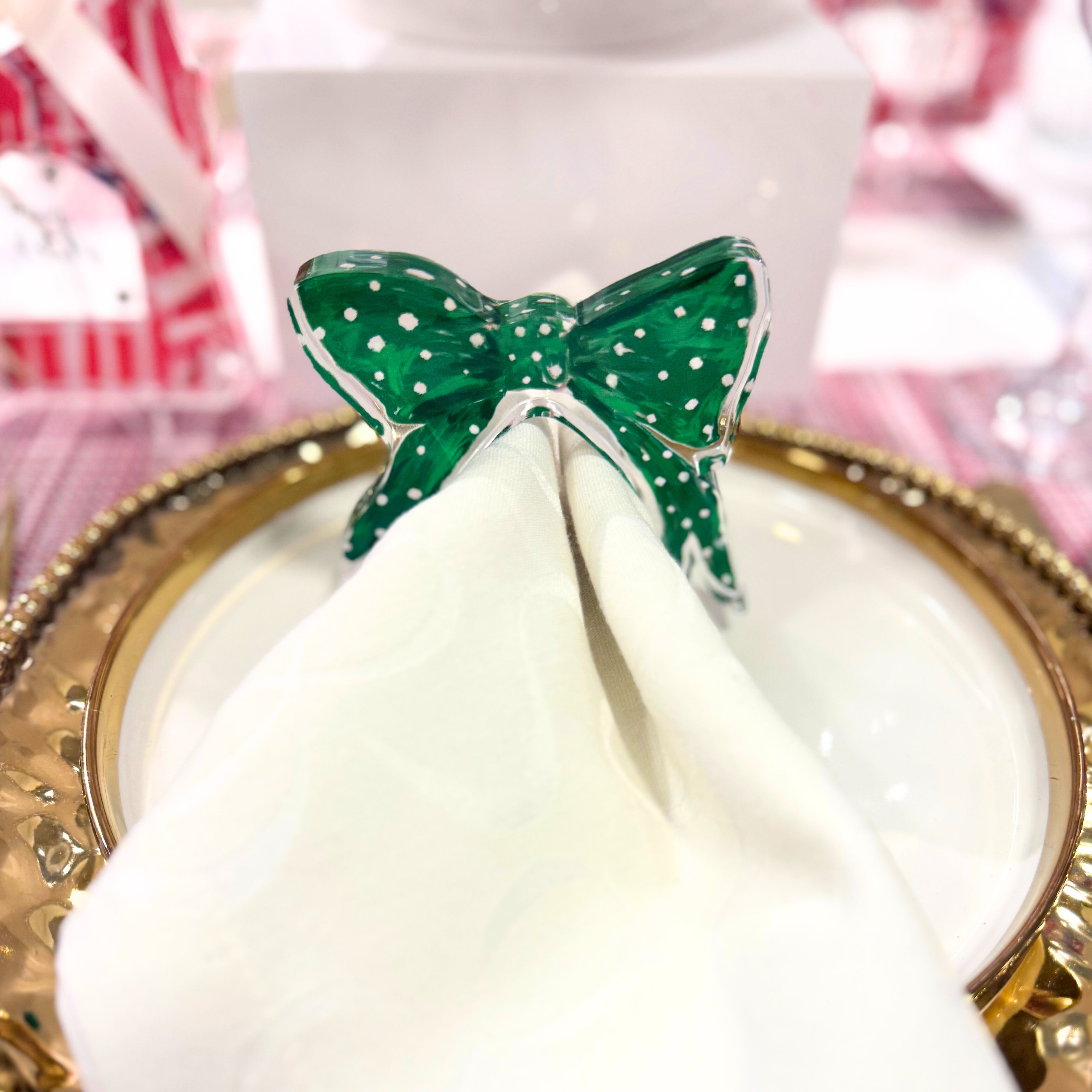 Green Polka Dot Bow Acrylic Napkin Ring Set of 4