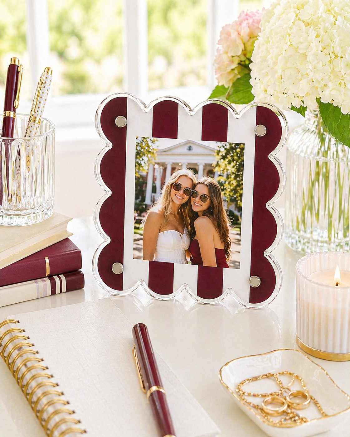 Maroon and White Striped Gameday Scalloped Acrylic Frame