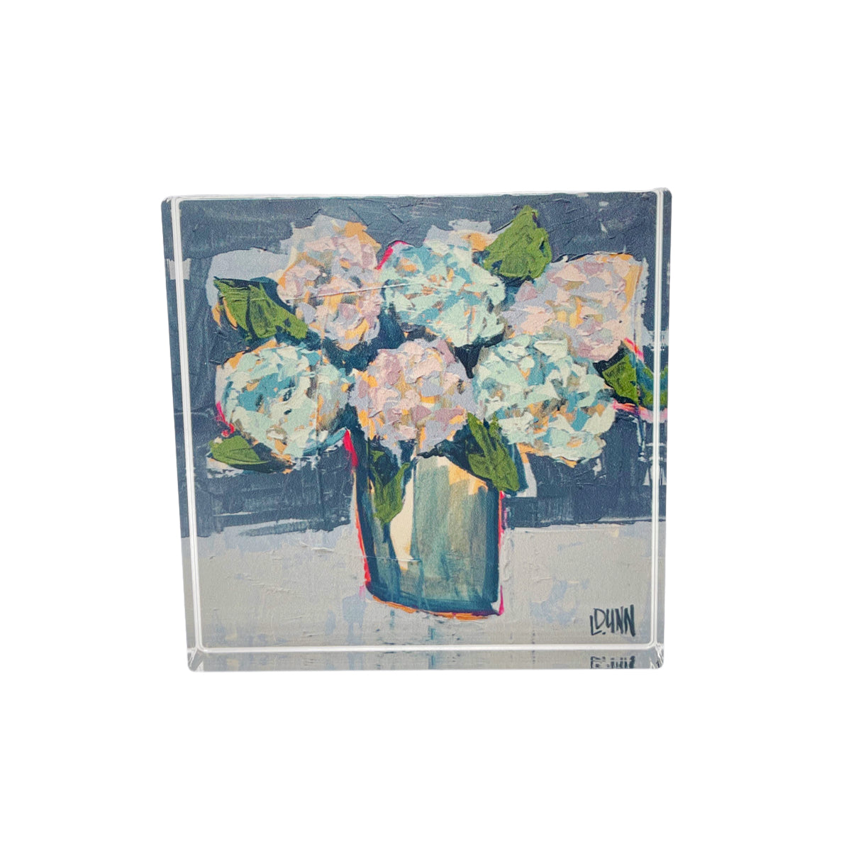 Hydrangeas set in an acrylic block 